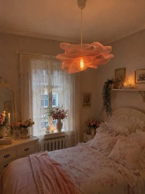 Rosa taklampa i merall mesh - Étoile Rose,  Taklampa i rosa mesh. Lampan ger ett mjukt och behagligt sken. Perfekt för att skapa en mysig atmosfär i sovrummet eller barnrummet. Glödlampan följer ej med.  Ca 40-45 cm taklampa 