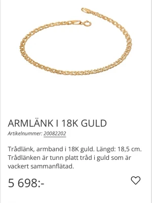 Armlänk i 18K guld - Armband i 18 karat guld med tunn, platt trådlänk. Längden är 18,5 cm och armbandet har en klassisk guldfärg och enkel karbinhake. Mycket bra skick!⭐️(Boxen som armbandet ligger i medföljer ej)