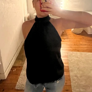 Svart halterneck topp - Snygg svart halterneck topp med hög krage och öppen rygg. Perfekt för en stilren look. Passar bra till både jeans och kjol. Andvänd 2 gånger, inga defekter