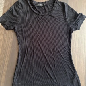 Svart ribbad topp från Tiger of Sweden - Säljer en stilren svart ribbad topp från Tiger of Sweden. Toppen har korta ärmar och en rund halsringning, perfekt för en minimalistisk look. Passar bra till både jeans och kjol. Hör av dig vid intresse!