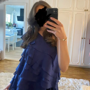 Marinblå volangklänning By Malina - Superfin marinblå kortklänning från By Malina med flera lager volanger och oneshoulder-design. Klänningen har en luftig känsla och är perfekt för dig som vill sticka ut med en cool och trendig look. Materialet känns lätt och flowy. Storlek S, endast använd en gång förra året. 
