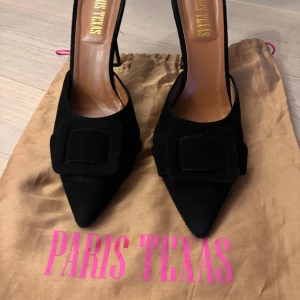 Svarta mocka pumps från Paris Texas - Snygga svarta pumps från Paris Texas i mjuk mocka med spetsig tå och hög klack. Skorna har en stor dekorativ mockadetalj framtill som ger en cool och lyxig vibe. Perfekta för dig som gillar statement heels och vill sticka ut med stil.