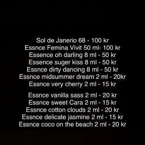 Parfymer från Sol de Janeiro & Essnce - Flera olika parfymer till salu, ingen är använd. Kolla upp noter på essence och sol de Janeiro vid osäkerhet på doft. Skriv privat innan köp 