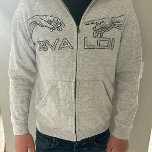 Grå hoodie med dragkedja och stenar - Snygg grå hoodie med dragkedja framtill och huva. Framsidan har dekorativa händer och texten 'BVALDI' i glittrande stenar. 
