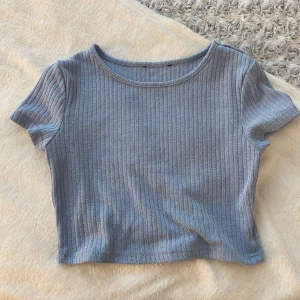 Ljusblå ribbad croppad t-shirt - Säljer en ljusblå croppad t-shirt med ribbad struktur. T-shirten har korta ärmar och rund halsringning. Perfekt för en avslappnad och trendig stil.