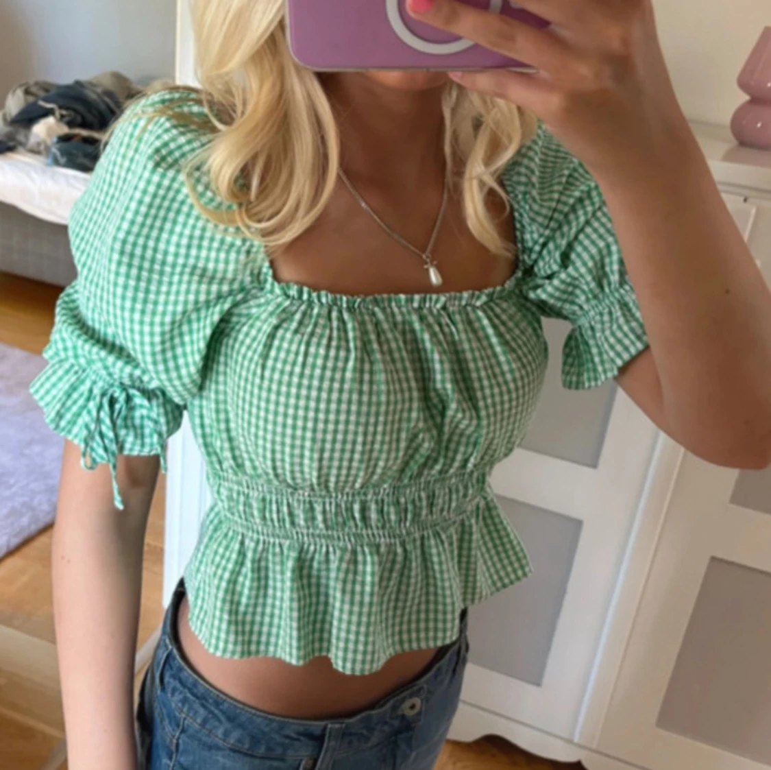 Grön rutig blus med volang - 2