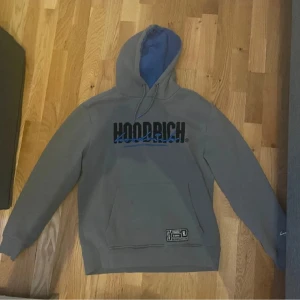 Grå hoodie från Hoodrich med blå detaljer - Säljer en grå hoodie från Hoodrich i storlek M. Tröjan har blått foder i huvan, svart och blå logga på bröstet samt tryck på ryggen. Klassisk känguruficka framtill och ribbade muddar. Perfekt för dig som gillar streetwear och vill ha en snygg och bekväm look.