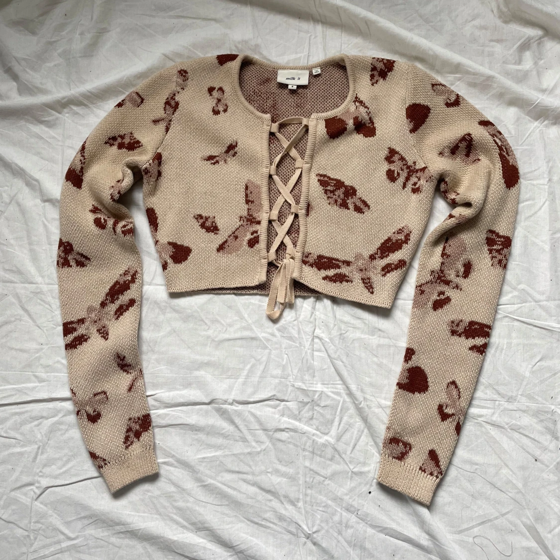 Beige kofta med fjärilsmönster och snörning, Milk It - 1