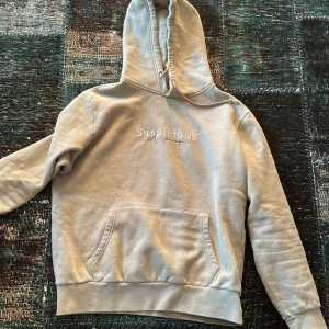 Grön hoodie från Suspicious Antwerp - Säljer en stilren grå hoodie från Suspicious Antwerp med tryck på bröstet. Tröjan har en klassisk känguruficka och justerbar huva med dragsko. Perfekt för en avslappnad stil.