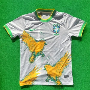 Vit Brasilien fotbollströja med papegojmotiv - Snygg vit Brasilien fotbollströja från Nike med gröna och gula detaljer. Stort papegojmotiv på framsidan, broderad Brasilien-logga och Nike-märke. Krage och ärmslut i grönt och gult. Perfekt för fans av landslaget.