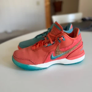 Nike sneakers i turkos och korall - Säljer ett par unika Nike sneakers. Säljer dessa jättefina Nike Lebron nxxt gen. De är i storlek 42,5 och är använda få gånger. Jättefin mismatch färg med turkos och korall färgad! De har lätt missfärgning pga mina fotstöd(alltså inte smuts) de är även tvättade. Skriv om du har frågor! Priset kan diskuteras!☺️