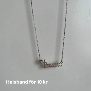 Silverfärgat halsband med texten 'Princess' - Säljer ett tunt silverfärgat halsband med ett hänge där det står 'Princess' och små dekorativa stenar ovanför P:et. Perfekt accessoar för dig som vill ha något sött och stilrent.