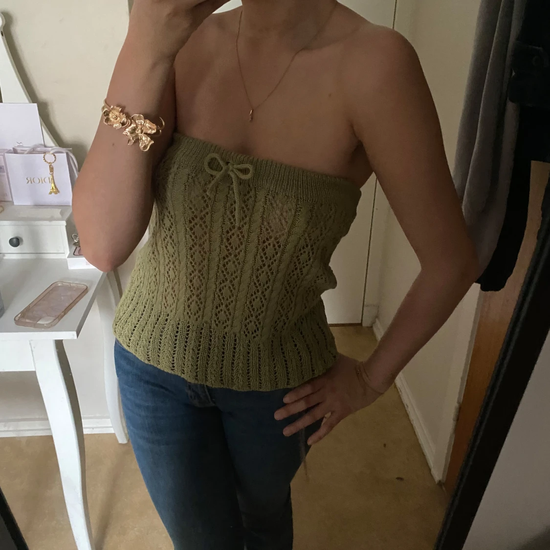 Olivgrön stickad bandeau tubtopp - 4