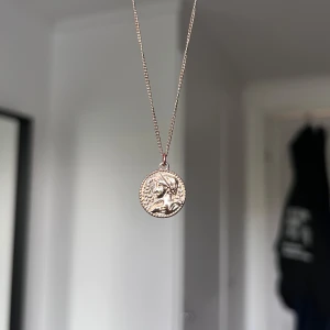 Guldigt halsband med myntberlock - Snyggt halsband i guldton med en rund myntberlock som har ett klassiskt ansiktsmotiv och detaljer runt kanten. Kedjan är tunn och har förlängningskedja för justerbar längd. Perfekt accessoar för att lyfta din outfit. Önskar du veta exakta mått? Tveka inte att höra av dig!