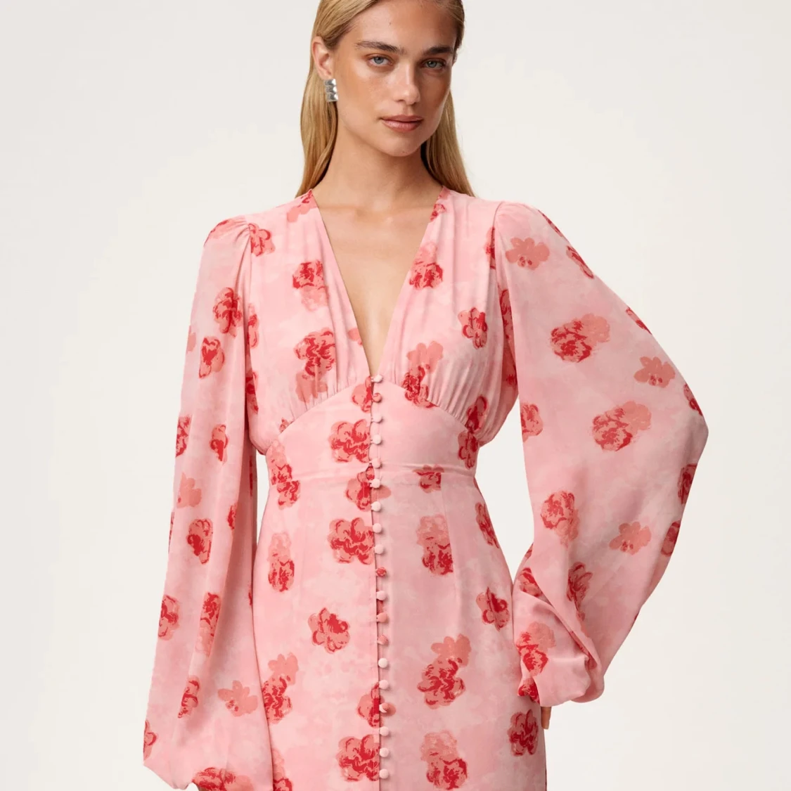 Adoore -Rosa blommig långklänning med v-ringning - 1