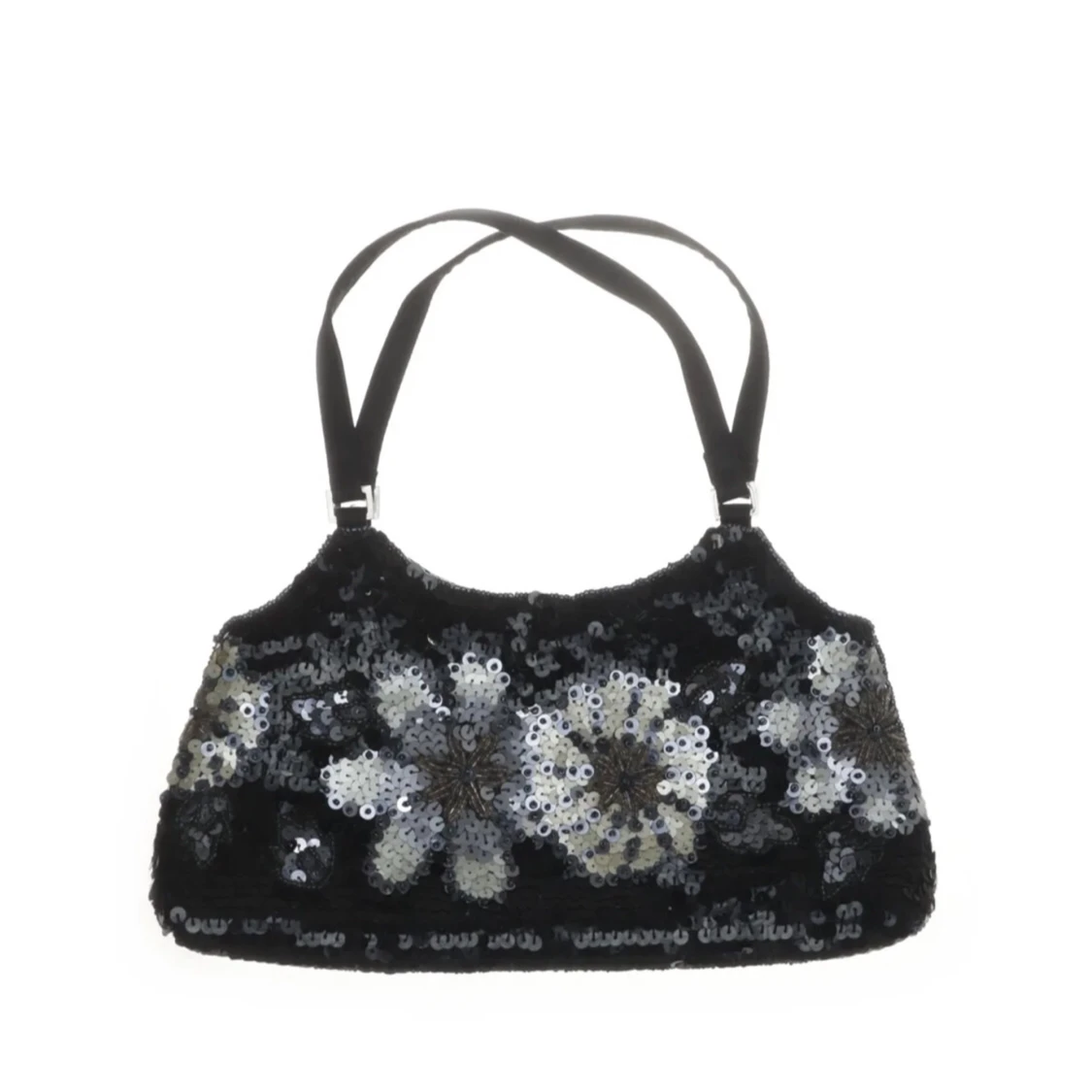Svart axelväska med paljetter och blommönster