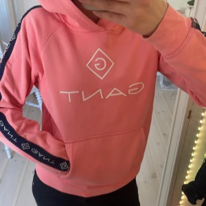 Rosa hoodie från Gant - Säljer en snygg rosa hoodie från Gant med vit logga på bröstet och mörkblå detaljer längs ärmarna och luvan. N:et har lossnat lite men inget man tänker på.💓