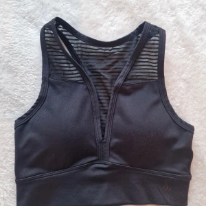 Svart sporttopp från Workout Empire - Snygg svart sporttopp från Workout Empire med meshdetaljer och djup v-ringning. Perfekt för träning med sin bekväma passform och stilrena design. Tillverkad i ett stretchigt material som ger bra stöd. Säljer den för att den är för liten för mig.