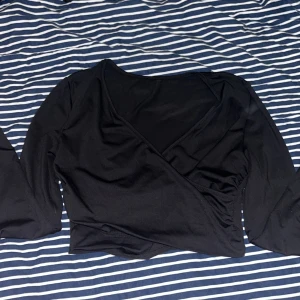 Svart omlottopp från SHEIN - Säljer en svart omlottopp från SHEIN i storlek M. Toppen har långa ärmar och en snygg v-ringning framtill. Perfekt att styla med både jeans och kjol. Materialet är mjukt och stretchigt för en bekväm passform.