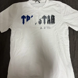 Vit Trapstar t-shirt - Vit t-shirt från Trapstar i storlek XXL men passar mer L. Tröjan har text i blått, vitt, grått och svart på bröstet. Klassisk rund halsringning och korta ärmar, perfekt nu till sommaren. Materialet är mjuk bomull. Bredd: 55cm och längd: 70 cm.