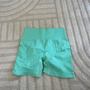 Turkosa seamless biker shorts - Säljer ett par turkosa seamless biker shorts med hög midja och ribbad linning. Shortsen har en tight passform och är tillverkade i ett stretchigt syntetmaterial som passar perfekt för träning. Baksidan har scrunch-detalj för extra shaping.