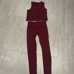 Vinröda seamless leggings och topp - Snyggt vinrött tränings set leggings med hög midja och tight passform. Perfekta för träning eller chill, i mjukt och stretchigt material. Oanvända. Topp i storlek L och Byxor i storlek M. Hela setet för 400kr eller toppen för 175 och tightsen för 225