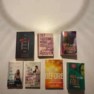 Böcker  - Säljer blandade böcker! Alla är i bra skick, några vikta kanter här och där men rena och fina annars. 300kr för alla! 50kr/styck If he had been with me (engelska)- Laura Norlin Det slutar med oss (svenska) - Colleen Hoover När vi tvekade (svenska) - Anna Todd Ps Jag gillar dig forfarande (svenska) - Jenny Han Nu och för alltid, Lara Jean (svenska) - Jenny Han Before (engelska) - Colleen Hoover När vi föll (svenska) - Anna Todd För evigt (svenska) - Anna Todd