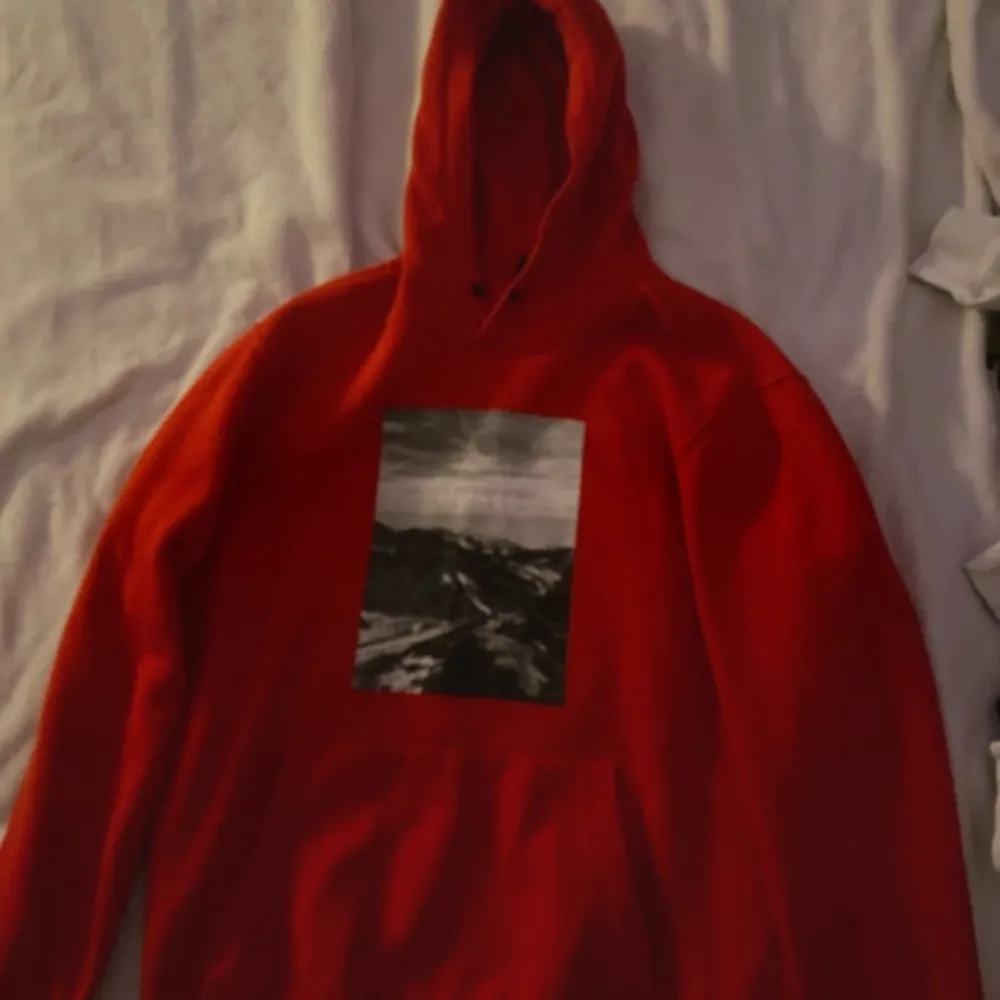 Säljer en röd hoodie från H&M med ett svartvitt tryck av ett bergslandskap och texten 'SILENCE' på framsidan. Hoodien har en klassisk design med huva och dragsko. Perfekt för en avslappnad stil.. Hupparit & Collegepaidat.
