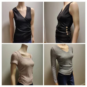 Paket med fyra ribbade toppar i olika färger - Säljer fyra snygga ribbade toppar i olika stilar och färger. En svart omlottopp med knappar på sidan, en beige kortärmad topp, en grå långärmad topp och en svart ärmlös topp. Perfekta för olika tillfällen och enkla att matcha med jeans eller kjol.                         Nya utan prislapp.