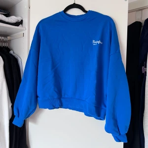 Blå sweatshirt - Säljer en snygg blå sweatshirt från Nelly.com med broderad text på bröstet. Tröjan har långa ärmar, ribbade muddar vid ärmslut och nederkant och är oversized i storleken. Perfekt för en avslappnad stil. Sparsamt använd 💙Önskar du veta exakta mått? Tveka inte att höra av dig!