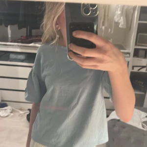 Ljusgrön t-shirt från Zara - Säljer en ljusgrön t-shirt från Zara med puffiga kortärmar. Den har en rund halsringning och är i ett mjukt bomullsmaterial. Perfekt för en avslappnad stil.