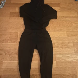 Svarta mjukisbyxor med svart hoodie.  - Säljer ett par svarta mjukisbyxor som är i storlek L men är ganska små och en hoodie som är i storlek S  som ett set. Byxorna har en elastisk midja. Hoodien är en vanlig svart hoodie med snören. 