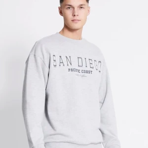 Grå sweatshirt med San Diego-tryck - Säljer en ljusgrå sweatshirt med trycket 'San Diego Pacific Coast' framtill. Tröjan har rund halsringning, normal passform och långa ärmar. Perfekt för en chill och avslappnad stil.
