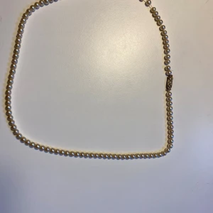 Klassiskt pärlhalsband med gulddetalj *Endast 1 Kvar* - Säljer ett elegant halsband med vita pärlor och ett dekorativt guldfärgat spänne med små glittrande stenar. Pärlorna är runda och sitter tätt på rad, vilket ger ett tidlöst och stilrent intryck. Perfekt för dig som vill ha en classy vibe.