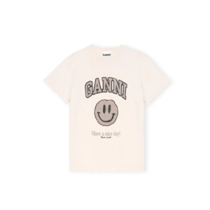 ganni t-shirt - Snygg beige t-shirt från Ganni med ett stort tryck av en smiley och texten 'Have a nice day!'.  Knappt använd! 💖💖💖