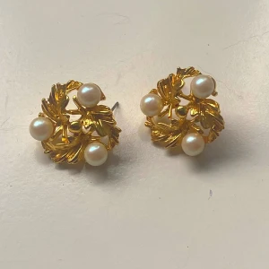 Guldiga örhängen med pärlor - Säljer ett par snygga örhängen i guldton med dekorativa löv och vita pärlor. De är runda och har en elegant vintagekänsla, perfekta för att lyfta din stil. Ca 2,5 cm i diameter. Säljs som ett par.