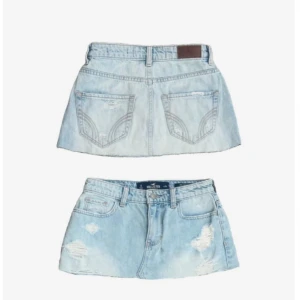 Low waist jeanskjol  - Supersöt vintage jeanskjol från Hollister med slitningar! Litet hål som är lagat, (se bild 4 och 5). Midjemått: 31x2cm, längd: 25cm. Kolla in min profil för fler plagg! 💙✨
