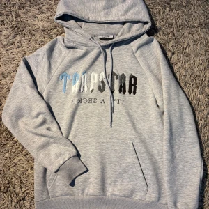 Grå Trapstar hoodie - Säljer en grå hoodie från Trapstar i storlek S. Tröjan har broderad logga i blått, vitt och svart på bröstet, snörning vid huvan och en stor magficka. Mjuk bomullsmix och ribbade muddar vid ärmslut och nederkant. Perfekt för chill dagar.