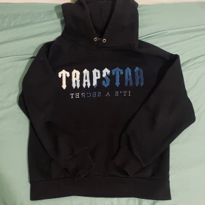 Trapstar svart hoodie med blått tryck - Svart hoodie från Trapstar i storlek S med fet logga i vitt och olika blå nyanser på bröstet. Klassisk huva med snörning och magficka. Mjuk insida och ribbade muddar vid ärmar och nederkant. Perfekt för dig som gillar streetwear och vill sticka ut.