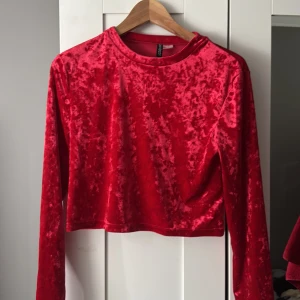 Röd sammetströja från H&M Divided - Säljer en röd långärmad tröja från H&M Divided i mjuk sammet. Tröjan har en croppad passform och rund halsringning. Perfekt för dig som vill sticka ut med en glansig och cool vibe. Superfin färg och skön att bära!