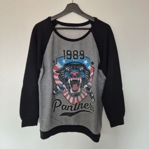 Vintage Panthers sweatshirt - Cool sweatshirt i grått och svart med tryck av en panter, texten '1989' och 'Panther' framtill. Tröjan har långa svarta ärmar, rund halsringning och mjukt material. Perfekt för dig som gillar streetstyle och statement-prints.