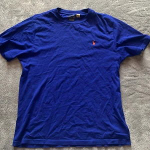 Blå t-shirt från Polo Ralph Lauren - Snygg blå t-shirt från Polo Ralph Lauren med klassisk orange broderad logga på bröstet. Storlek 14-16 år. Har ett jättelitet hål men de syns inte!!!!