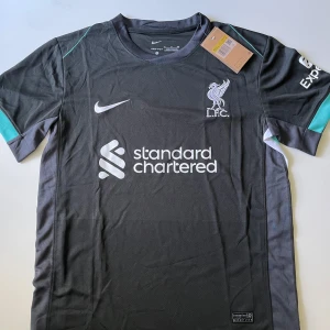 Grå Liverpool Nike fotbollströja - Snygg grå Liverpool FC fotbollströja från Nike med vita loggor och detaljer. Tröjan har korta ärmar och turkosa inslag på ärmarna. Tillverkad i lätt och ventilerande material, perfekt för match eller träning. Klassisk rund hals och tryckta sponsorloggor.