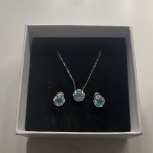 Smyckeset med halsband och örhängen i silver med blå sten - Säljer ett fint smyckeset med halsband och matchande örhängen i silver. Både halsbandet och örhängena har en rund, ljusblå sten infattad i en blomformad fattning. Perfekt för att ge en elegant touch till din stil.