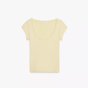 Ljusgul ribbad topp från Zara - Säljer denna superfina ljusgula ribbade topp från Zara med korta ärmar och rund urringning. Modellen är croppad och sitter tajt mot kroppen, perfekt till jeans! Den är oanvänd och säljer pga av att den var lite för liten💛