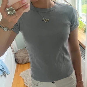 Blå basic t-shirt i bomull - En enkel blå/grå t-shirt med rund hals och korta ärmar. Modellen är klassisk och sitter snyggt med en normal passform. Köpt från Brandy Mellville så enligt dem one size men skulle säga att den passar xs/s💞