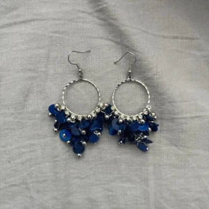 Blå glittriga cirkelörhängen - Snygga örhängen med stora cirklar i silverfärgad metall och massor av blå glittriga paljetter som hänger i klasar. Perfekt för dig som vill sticka ut med färg och glans. Krokar i silverfärg gör dem enkla att ta på och av.