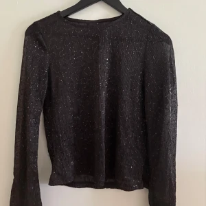 Svart glittrig mesh topp Gina Tricot - Svart långärmad mesh topp från Gina Tricot, täckt med små glittriga paljetter som ger ett riktigt snyggt skimmer. Toppen är genomskinlig och har en slim passform, perfekt att styla lager på lager eller med ett linne under. Riktigt cool för att sticka ut!