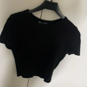 Svart croppad t-shirt från Zara - En enkel svart croppad t-shirt från Zara med rund halsringning och korta ärmar. Perfekt att matcha med jeans eller kjol för en stilren look.