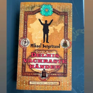 Delhis vackraste händer - En bok av Mikael Bergstrand med en färgstark framsida som visar en siluett av en man framför en karta över Indien. Omslaget har indiska detaljer och tydlig titel i röd text. Boken är på svenska och utgiven av Norstedts.